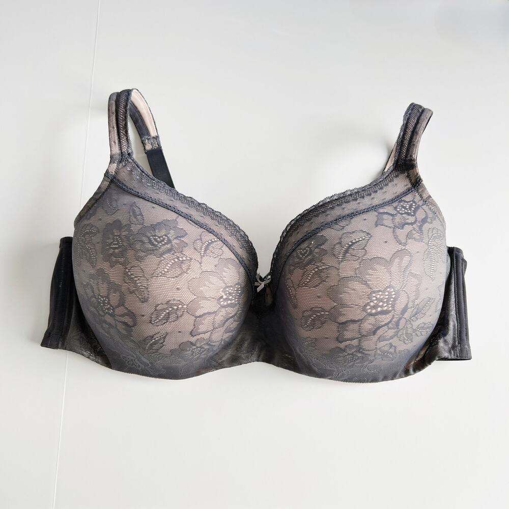 [Cacique] Lightly Lined Balconette Bra Gray Lace U-Back Underwire Size 44DDD